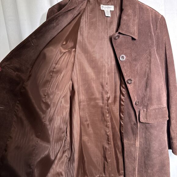 Women's Brown Suede Leather Coat Size 2X Button Front Mid Length Preston York - Picture 7 of 10
